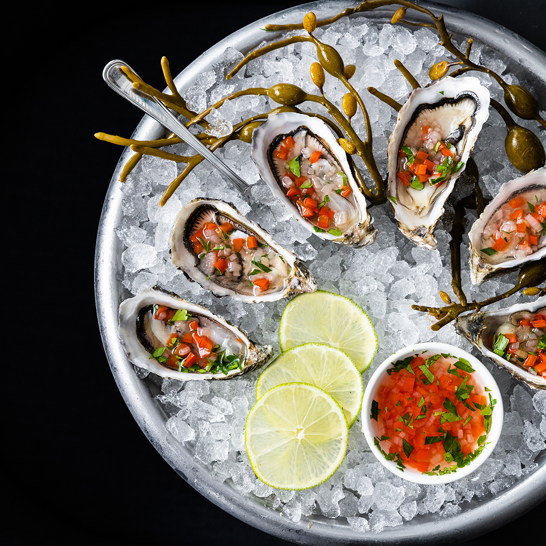 Oysters with a chilli and lime dressing on a dark background